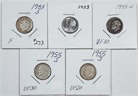 Lot of 5 Roosevelt Dimes  1953-S - 1955-S