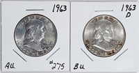 1963 & 1963-D  Franklin Half Dollars  AU-BU