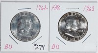 1962 & 1963  Franklin Half Dollars  BU & BU-FBL