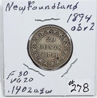 1894 Obv 2  Newfoundland  20 Cents   F
