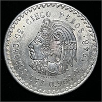 1948 Mexico .900 SILVER 5 Pesos "Cuauhtemoc" Coin