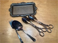 Silver plate tongs and dish