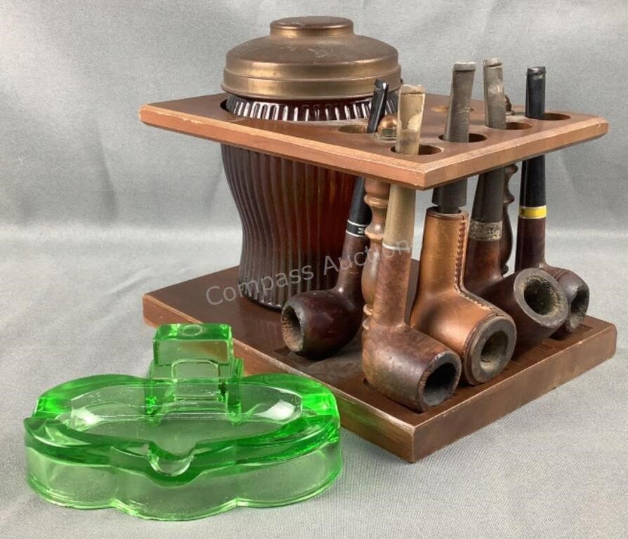 Pipes/Tobacco Jar Stand & Uranium Glass Ashtray