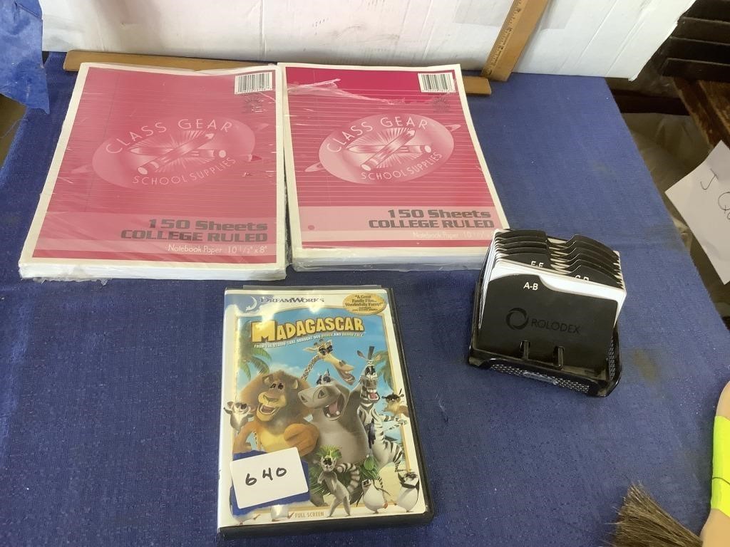 Madagascar DVD, Rolodex and paper