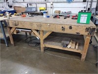 Custom built solid wood shop table with power, 48