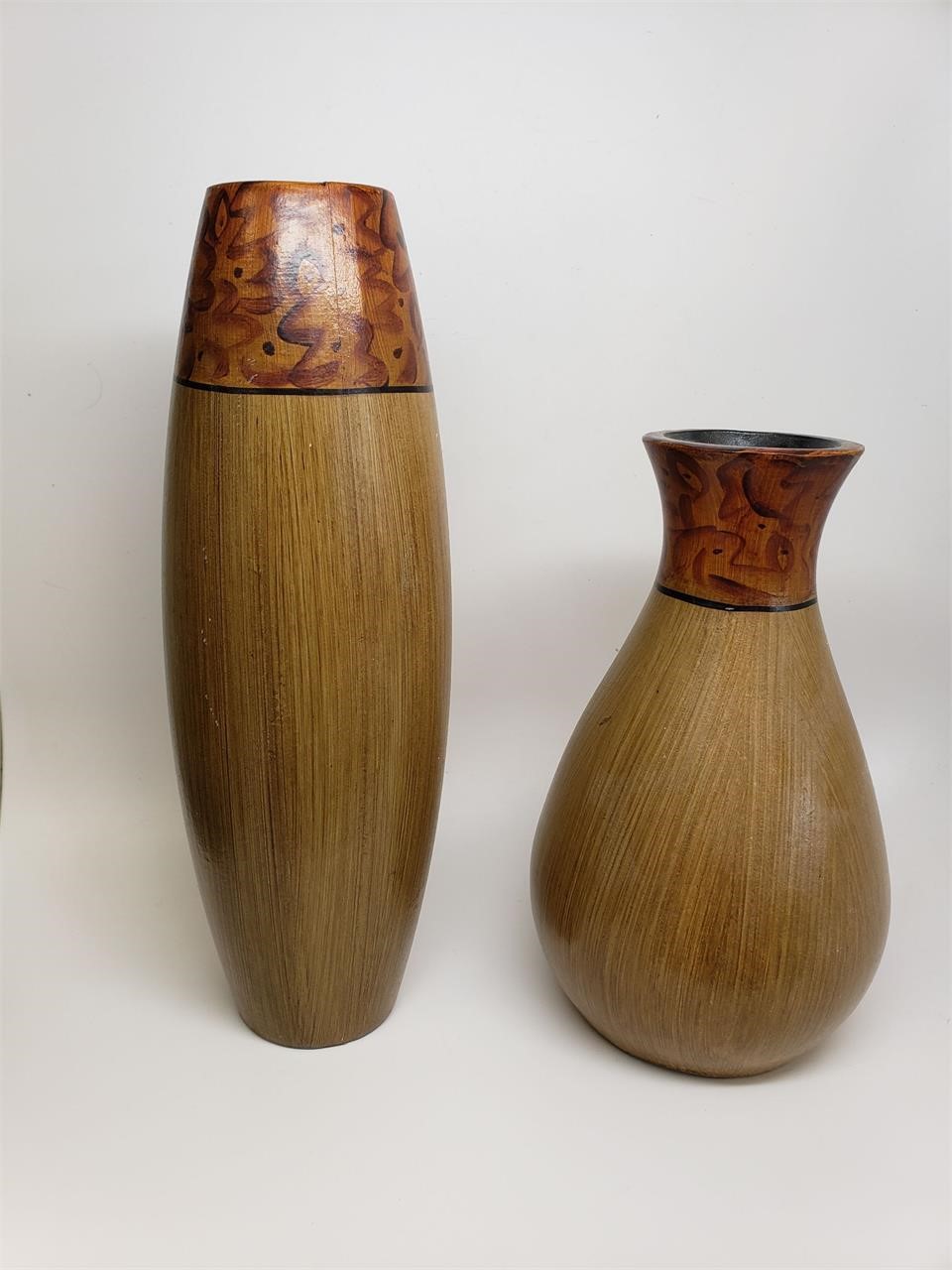 Set of 2 Hand Painted Burlwood Finish Vases