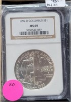 1992-D COLUMBUS SILVER $1 COIN - MS69