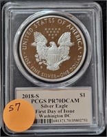 2018-S FIRST DAY ISSUE SILVER EAGLE $1 - PR70 DCAM