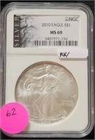 2010 SILVER EAGLE $1 COIN - GRADED MS69