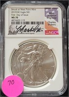 2019-W 1ST DAY ISSUE SILVER EAGLE - VICKERS - MS70