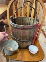 Antique wooden bucket & 2 water dippers