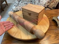 Hickory lazy susan, Oak recipe box, Rolling pin