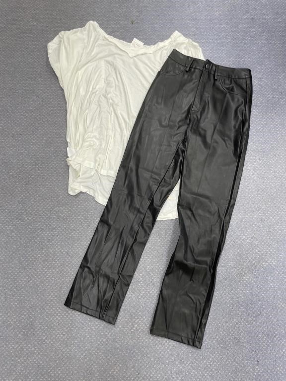 2 pcs-Pair Leather Pants Sz S & V-Neck T Shirt