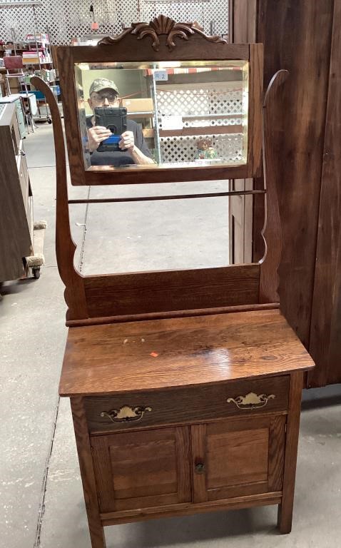 Antique Oak Dry Sink With Beveled Glass Mirror