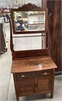 Antique Oak Dry Sink With Beveled Glass Mirror
