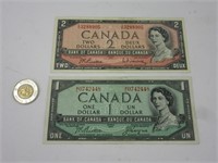 Billet de 1$ et 2$ Canada 1954