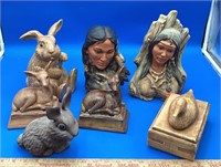 Native American Head Busts, Rabbits & Deer Statues