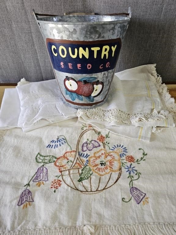 Embroidered & Crocheted Linen Lot & Bucket