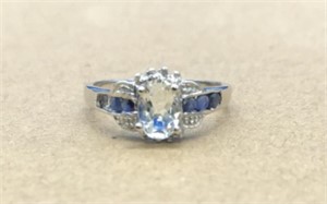 Platinum Over Sterling Aquamarine & Sapphire Ring
