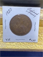 1920 Great Britain coin one penny