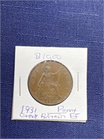 1931 uk Great Britain penny coin