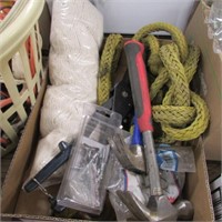 BOX OF MISC TOOLS & HARDWARE