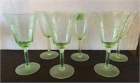 Six vintage green wine glasses - one has a chip