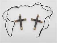 2 CROSS MOURNING BROOCHES W/BROWN HAIR