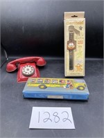 Vintage Garfield Watch, Metal Pencil Holder, Phone