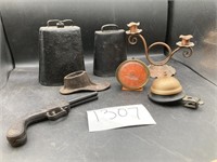 Antique Kettle Cowbells, Vintage Alarm Clock DESC