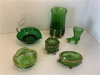 VTG Green Glass-Vase, Souvenir Trinket Holders, &