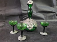 VTG Emerald Art Glass w/ Metal Collar Decanter Set