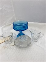 Glass Cream/Sugar Egg w/Lid & blue Stem Bowl