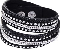 Wrap Leather Bracelet with Rhinestones for Women