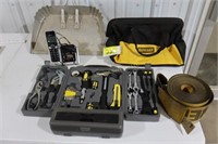 tool set, dust pan, phone, bag