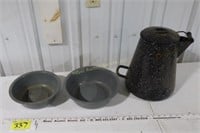 enamel coffee pot &  2 bowls