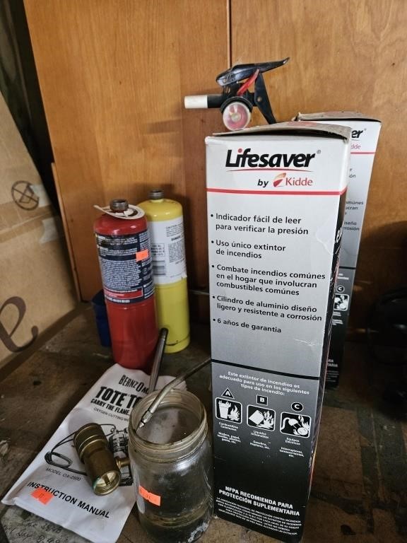 Propane cylinders, fire extinguishers, oil can