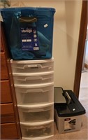 Plastic storage bins w/ drawers, file box and
