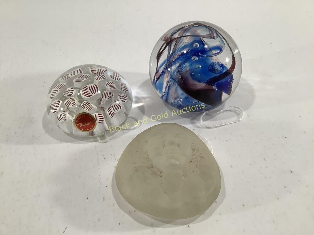 (3) Paperweights, Murano, Signed MG93, & Frosted