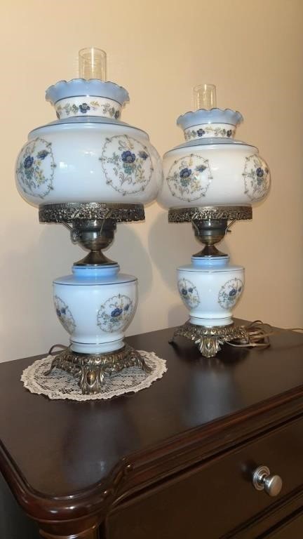 2 Glass Floral Lamps with Metal Base - 3-Way