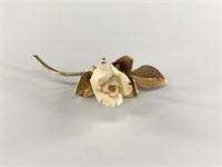 Ivory rose brooch with 14kt gold plated leaves, ab