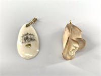 Ivory carved rose pendant and an ivory scrimmed pe