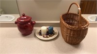 Wicker Basket, Red Ceramic Cookie Jar, and White