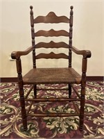 Antique Wood Ladder Back Arm Chair w/ Rush Seat