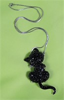 Black Rhinestone Cat Brooch & Silver Tone Chain