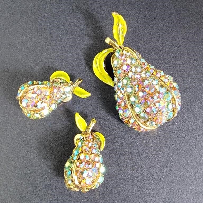 Rhinestone & Enamel Pear Pin & Earrings
