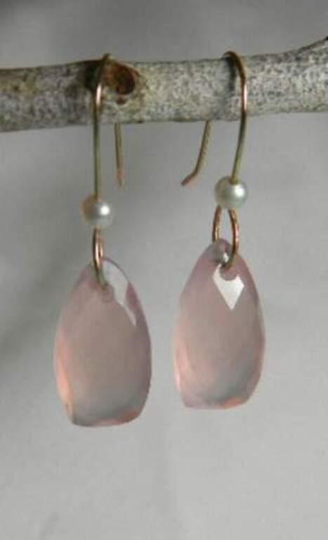 14K Solid Yellow Gold Earrings PINK CHALCEDONY