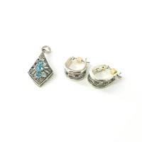 Sterling silver marcasite earring and pendant set,