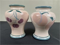 Glazed Pottery Cherry & Peach Vases Signed (2)