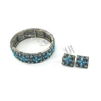 Silver and turquoise bracelet, earrings and ring s